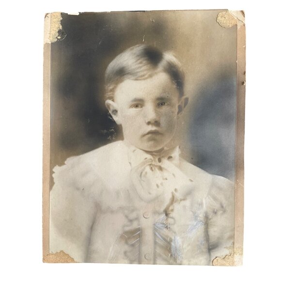 Antique Portrait Of Serious Young Boy Framed Photograph With Distressed Corners - Picture 1 of 8